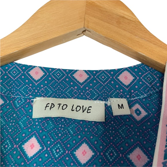 FP To Love Womens V Neck Button Up Midi Dress Medium Blue Pink Drawstring Waist - Picture 7 of 7